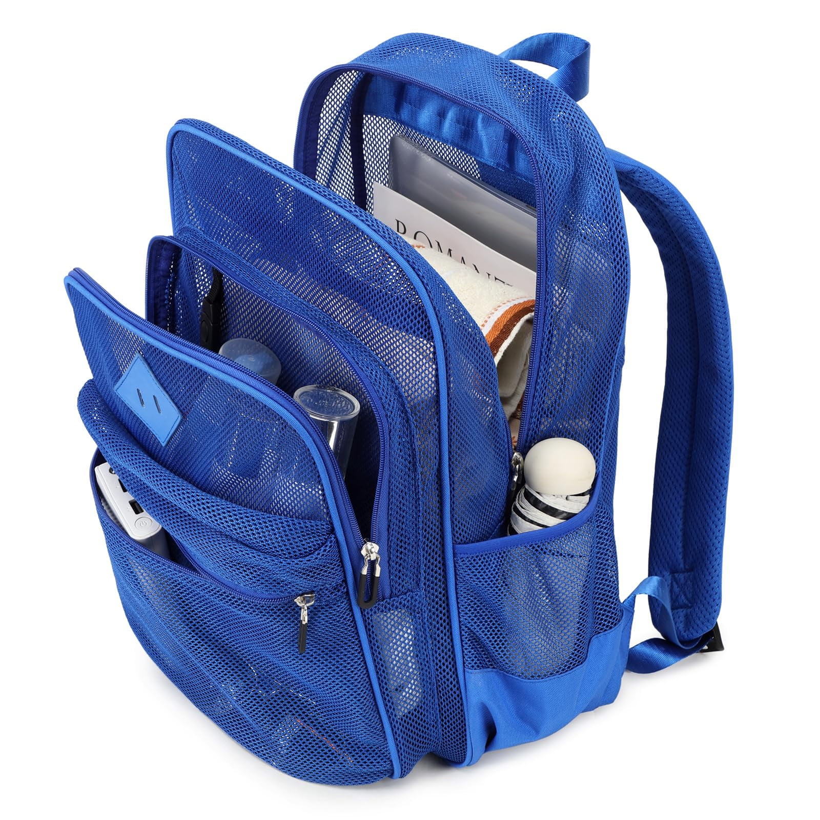 Soda Candy Mesh Backpack Heavy Duty See Through School Backpacks Transparent Bookbag Semi-Transparent Net Book Bags for Swimming, Beach, Sports, Work, Travel, Blue