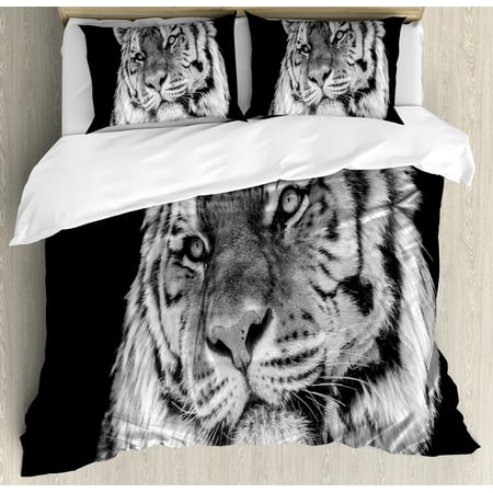 Tiger Duvet Cover Set, Close-up Photo of a Wild Feline Beast with an Intense Gaze Strength of a Hunter, Decorative Bedding Set with Pillow Shams, Pale Grey Black, by