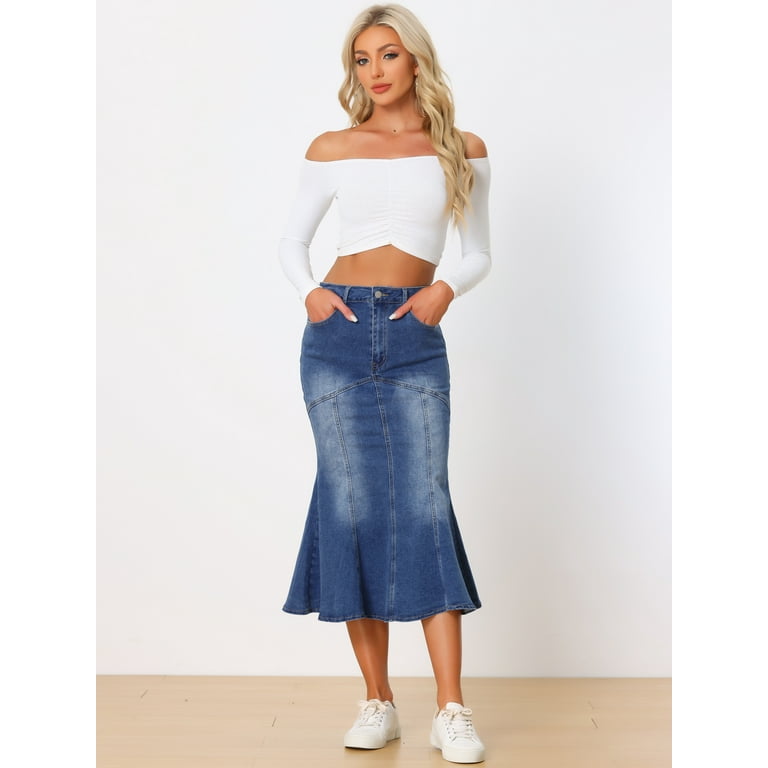 Unique Bargains Fishtail Denim Skirt for Women s Washed Midi Jean Bodycon Skirt XS Blue Walmart