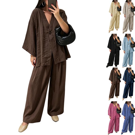 Womens Cotton Linen Sets 2 Piece Oversized V-neck Loose Top and Wide Leg Pants Sets Casual Vacation Outfits Coffee XXL