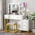 thumbnail image 2 of Makeup Vanity with Lights & Mirror, Large Vanity Desk Makeup Vanity Dressing Table with 9 LED Lights, 5 Drawers, Storage Shelves&Cushioned Stool for Bedroom by PAKASEPT, 2 of 10