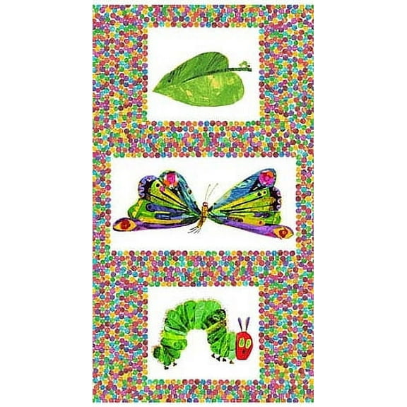 23" X 45" Panel Butterfly Caterpillar Leaf Insects Bugs Nature The Very Hungry Caterpillar Eric Carle Chalk-Look Painting-Look Kids Cotton Fabric Panel (3471M)