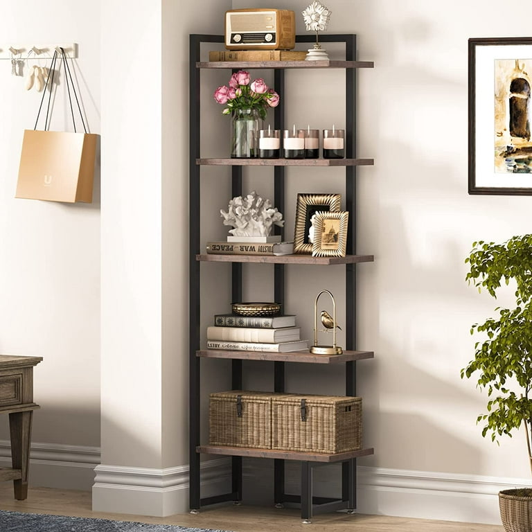 Corner Shelf with Metal Frame, Industrial 5-Tier Wall Corner Bookshelf  Stand Display Plant Flower, Bookcase