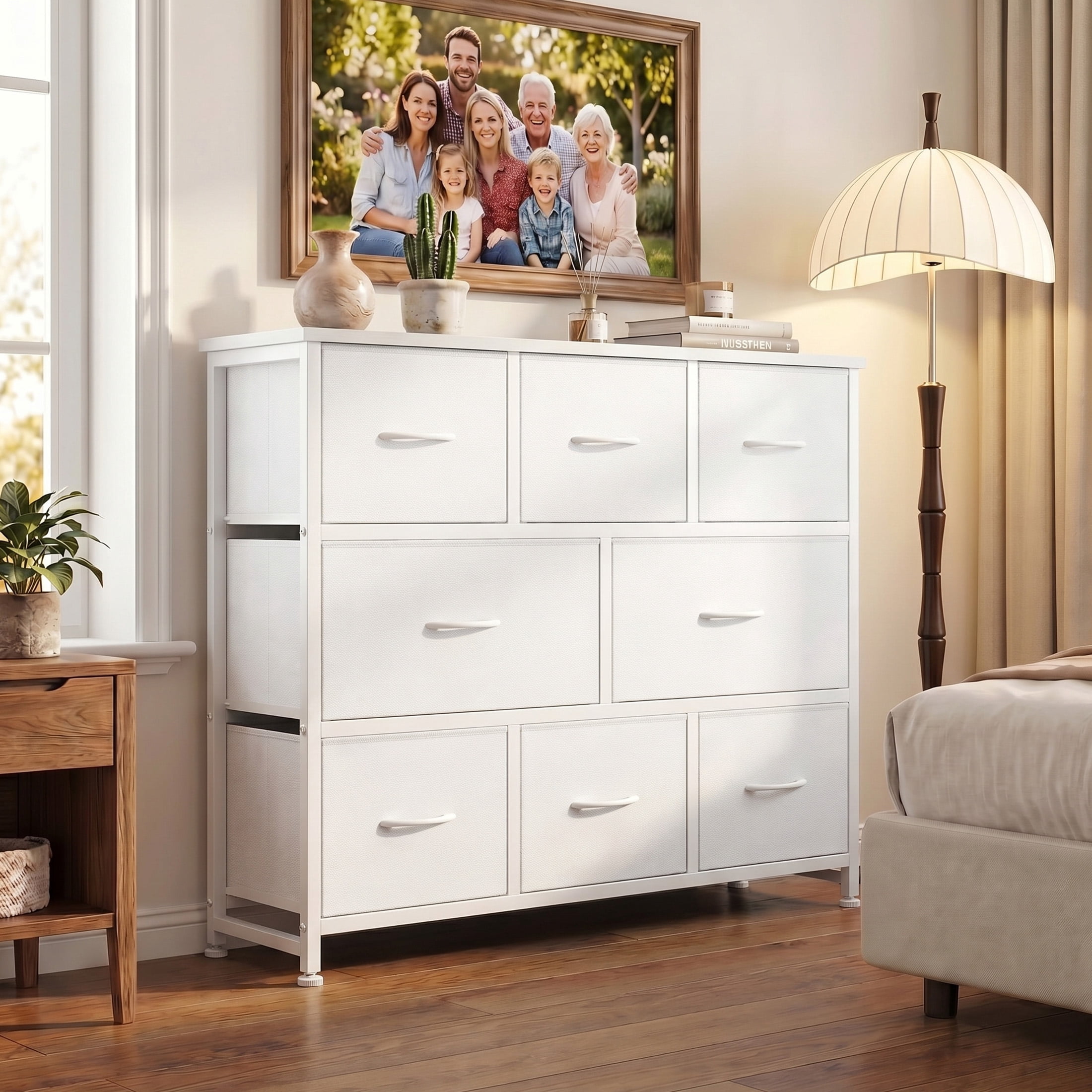 edx 8 Drawers Fabric Dresser, Chest of Drawers with Sturdy Steel Frame, Storage Organizer Cabinet for Bedroom, Living Room, Hallway, White