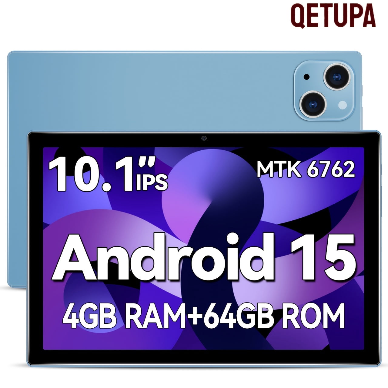 10.1-inch Tablet, Android 15 Operating System; 1280脳800 IPS HD Touchscreen Display, 8-core Processor, 4GB RAM, 64GB ROM, 5MP + 13MP Camera, 6000mAh Battery, Wi-Fi 5, Blue