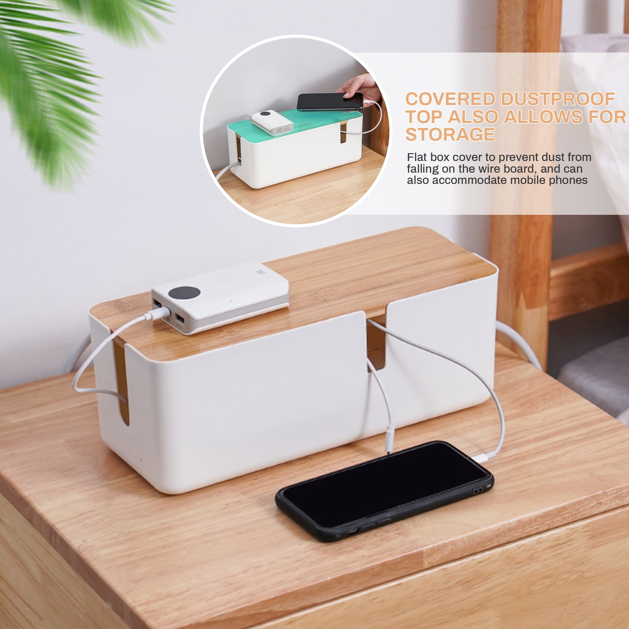 Cable Management Box - 12x5x4.5 inches, Cable Cover & Wood Lid, Cord Organizer for Desk TV Computer USB Hub System to Cover and Hide & Power Strips & Cords