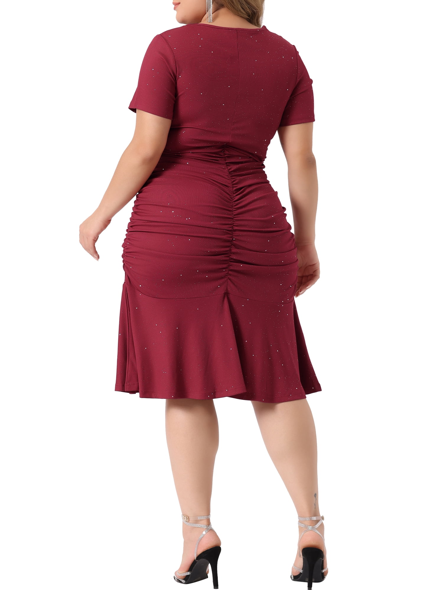Unique Bargains Women Plus Size Ruffle Hem V Neck Short Sleeve Sequin Ruched Dresses 1X Burgundy