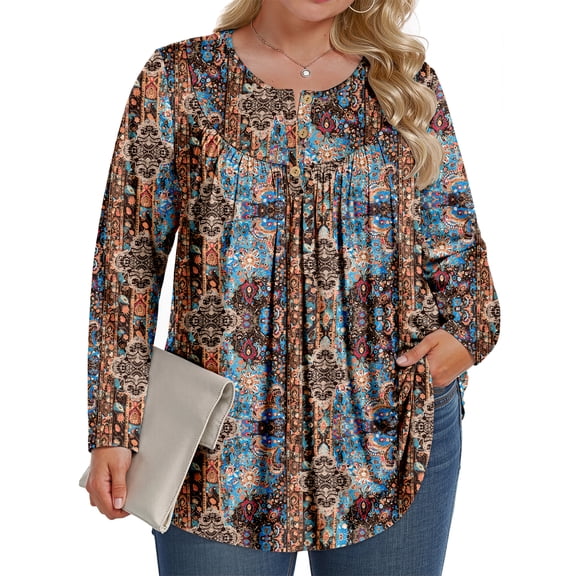 Fantaslook Plus Size Womens Blouses Long Sleeve Floral Tunic Tops Henley Neck Flowy Fall Shirts