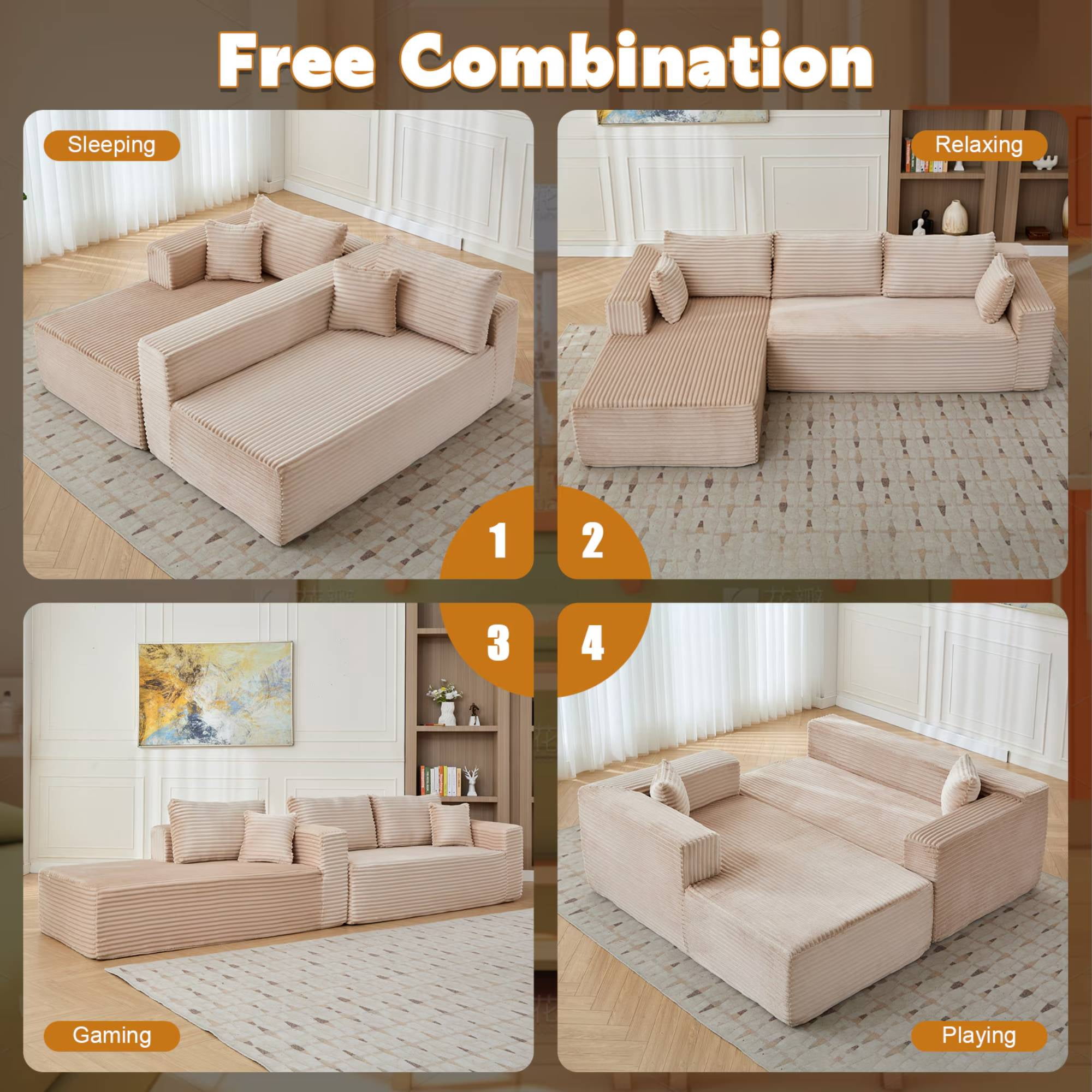 110" Cloud Sectional Couch with Chaise,Modern L-Shape Modular Sofa Corduroy Sleeper Couches for Living Room, Beige