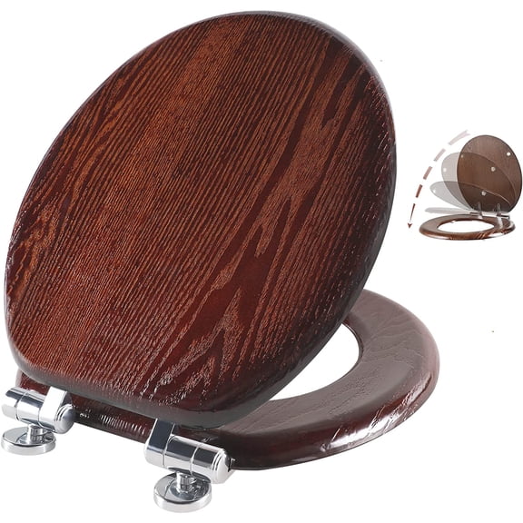 Toilet Seat Round Wood with Slow Close,Easy Clean,Quick-Release Hinges (Round,Dark Walnut)