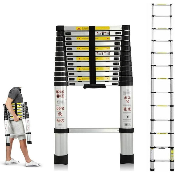 Telescoping Ladder 12.5 FT Aluminum Telescopic Extension Extendable Ladder, Extension Ladder, Collapsible Ladder, Rv Ladder, Attic Ladder, Loft Ladder, Household Daily Ladder, 330 Lb Capacity, EN131
