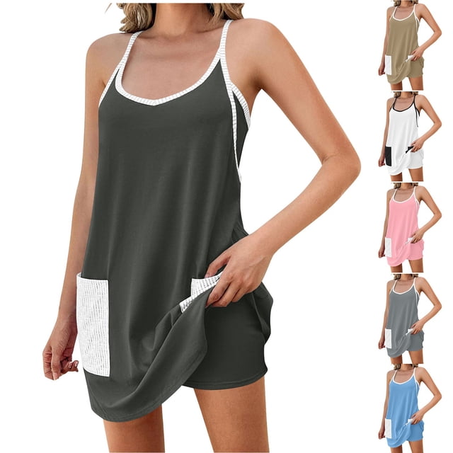 QATAINLAV Liquidation des Ventes Quotidiennes Robe de Tennis Athlétique pour Femmes Robe Mini Sportive d'Entraînement avec Short Intégré Sans Manches à Bretelles Spaghetti Combinaison Robe de Golf avec Poche Beige TG