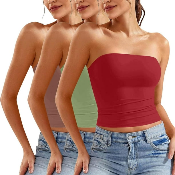 Blusa informal de verano sin tirantes de color liso para mujer, 3 piezas, de poliéster