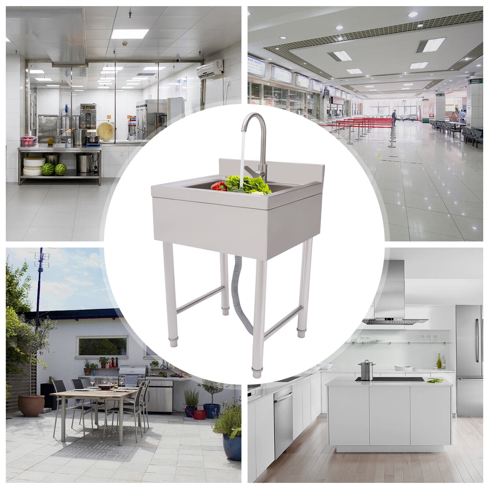 Miumaeov 1 Compartment Commercial Stainless Steel Sink Free Standing Single Bowl Kitchen Utility Sink Washing Hand Basin with Faucet,Storage Shelve, Laundry Tub