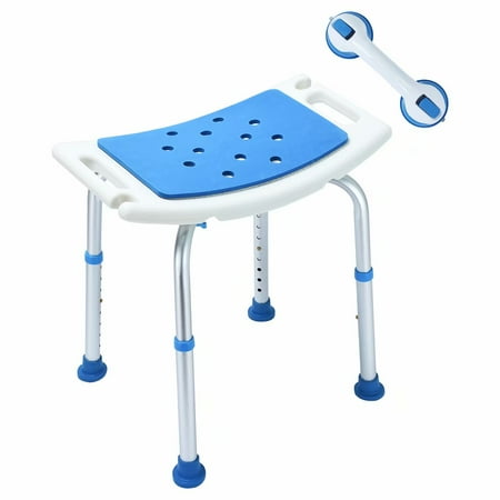 Vinyl Padded Bathtub Transfer Bench - Latest Version! Upgraded EVA Paded Shower Stool Chair with Assist Grab Bar, Adjustable Stool Transfer Bench SPA Bathroom Bathtub Chair, White/Blue