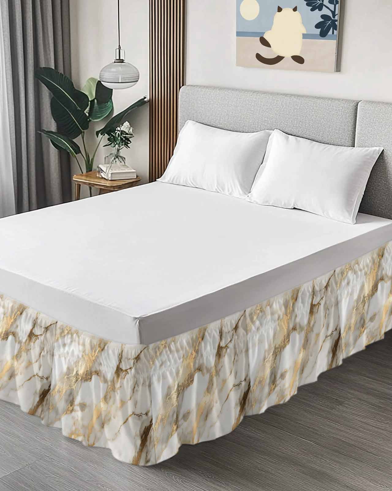 Marble Gold Wrap Around Bed Skirts for Queen Bed 16" Drop,Bed Skirt with Adjustable Elastic Belt Dust Ruffle Bed Valance for Bedroom Hotel Abstract Luxury Wave Gold Marbling Modern Bed Frame Cover