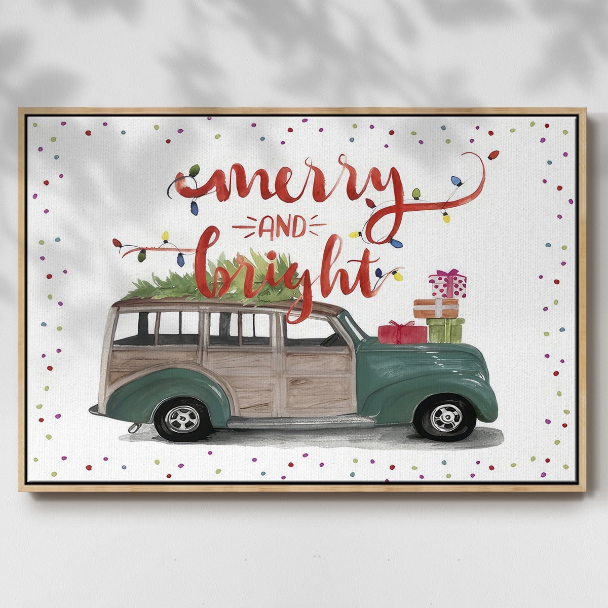 Christmas Cars Collection A - Framed Gallery Wrapped Holiday Canvas - 17 x 25 - Natural Wood Frame