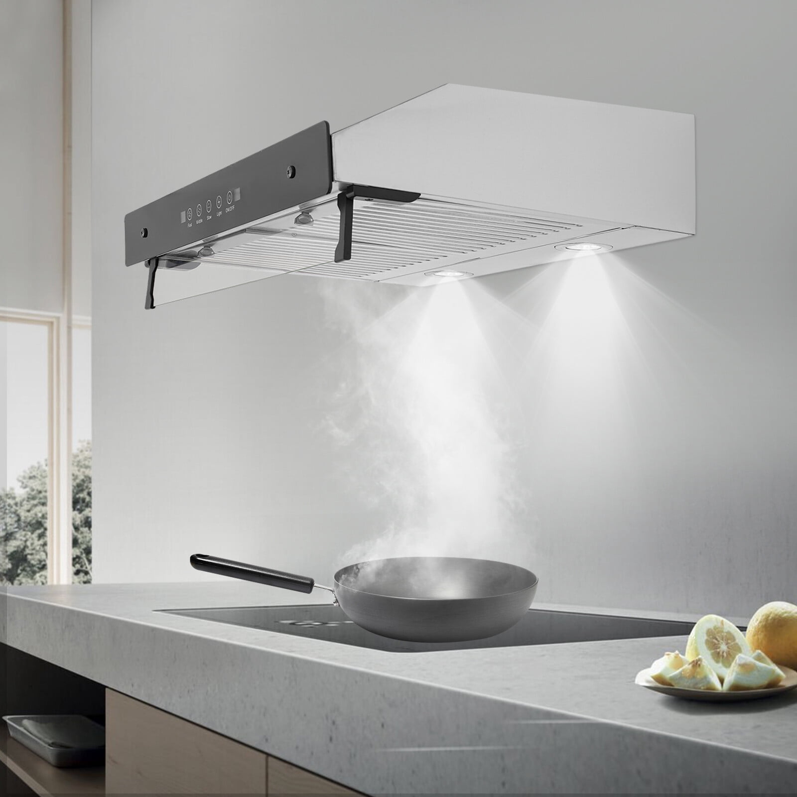 24inch Under Cabinet Range Hood Stainless Steel 900CFM Kitchen Vent Sliver 110-130V  2*200W for Home Kitchens, School Kitchens