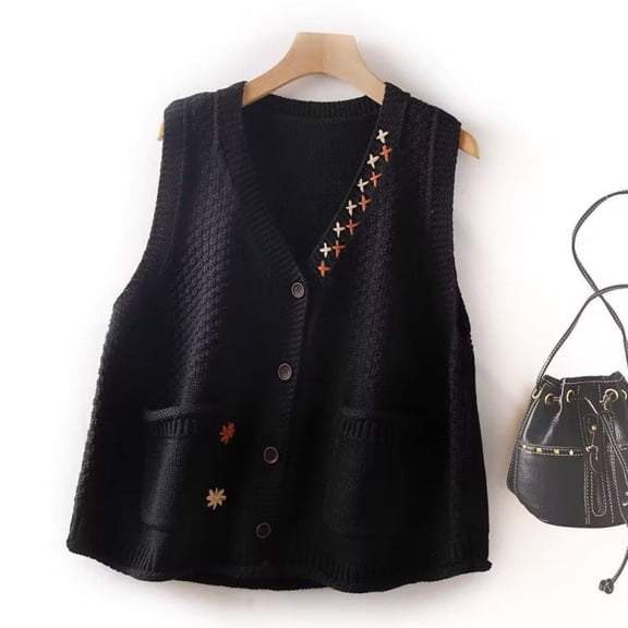 Women's Knitted Vest, Layered Sleeveless Sweater Vest, Casual Fit for Autumn and Winter Seasons, Versatile Casual Outerwear for Chic Layering and Daily Style Black L