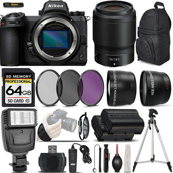 Nikon Z7 II Mirrorless Digital Camera with 50mm f/1.8 S Lens   0.43X Wide Angle Lens   2.2x Telephoto Lens   Flash   64GB Memory Card   UV-CPL-FLD Filters   Wireless Remte -  (International Version)