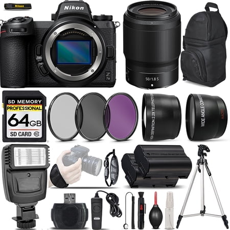 Nikon Z7 II Mirrorless Digital Camera with 50mm f/1.8 S Lens + 0.43X Wide Angle Lens + 2.2x Telephoto Lens + Flash + 64GB Memory Card + UV-CPL-FLD Filters + Wireless Remte - (International Version)