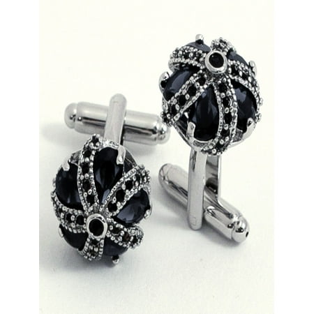 Bey-Berk Rhodium Plated Crown Cufflinks - Blue
