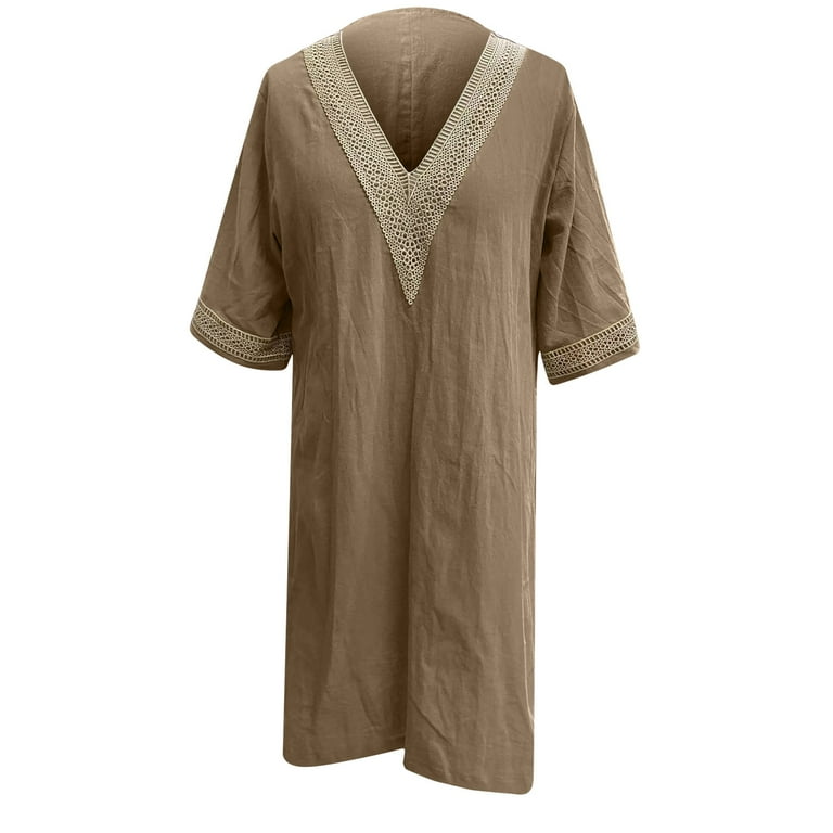 Jinhomg Womens Cotton Linen Midi Dresses, Dressy Casual Lace Embroidered V  Neck Dress Loose Fit Comfy Half Sleeve Knee Length Work Dress XXXL Khaki -  Walmart.com