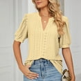 thumbnail image 2 of YYDGH Womens Summer Puff Short Sleeve V Neck T-Shirts Eyelet Casual Lace Dressy Tops Tunic Blouses Yellow L, 2 of 6