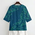 thumbnail image 5 of Xoenoiee Peacock Feathers Print Womens Tops Dressy 3/4 Length Sleeve Henley V Neck Button Down Shirts Pleated Gauze Blouses Plus Size, XL, 5 of 7