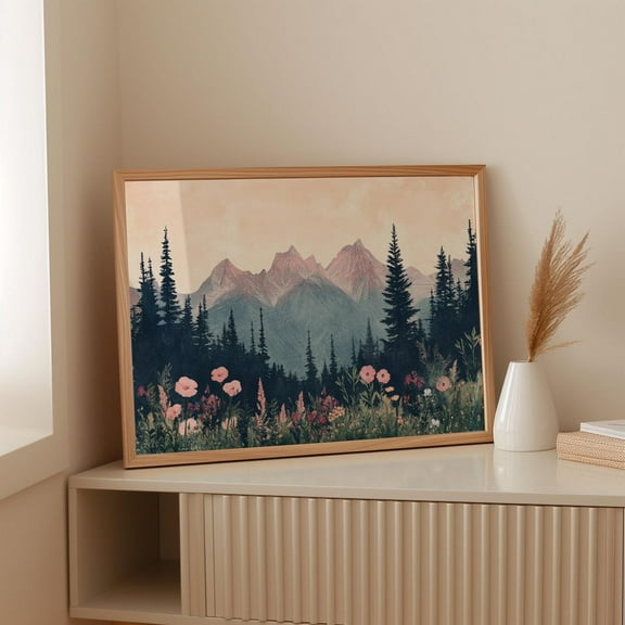Floral Mountain Forest Wall Art Pink Wildflower Meadow Soft Botanical Landscape Print For Cottagecore Or Nature Decor Wall Art, Modern Wall Decor, 8x12 UNFRAMED