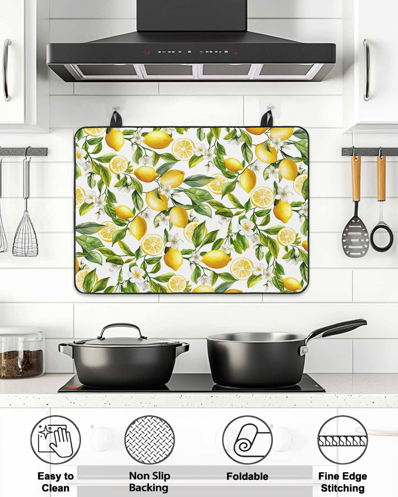 Stove Top Covers for Electric Stove, Lemon Yellow Glass Stovetop Cover Protector, Country Watercolor Floral Leaf Green White Induction Cooktop Protector Oven Mat for Kitchen Countertop 24"x21"