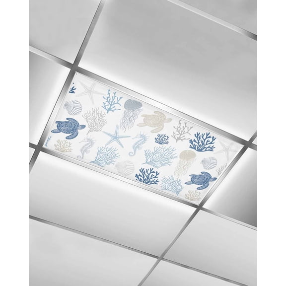 Navy Blue Coastal Fluorescent Light Covers for Ceiling Lights 4x2 feet,1 Pack Magnetic Light Filters for Classroom,Nautical Summer Beach Coral Sea Turtle Fluorescent Light Shade Panel for Office