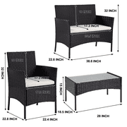 4PCS Outdoor Patio Bistro Furniture Set, All-Weather Rattan Chair Set, Conversation Furniture Sets, Cushioned Seat & Glass Table, Bistro Table Set for Porch Garden Poolside Balcony, T1631