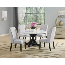 Black Gray 5Pc Round Dining Set White Genuine Marble Table Wing Back Chair Wooden Furniture
