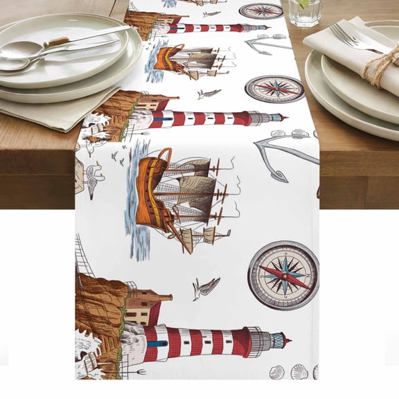 Nautical Lighthouses Table Runner - 36 Inch Long, Kitchen Dining Table Runner Dresser Scarves, Ocean Ship Anchors Seashells Birds Farmhouse Decor for Coffee Tables Wedding Party Banquet