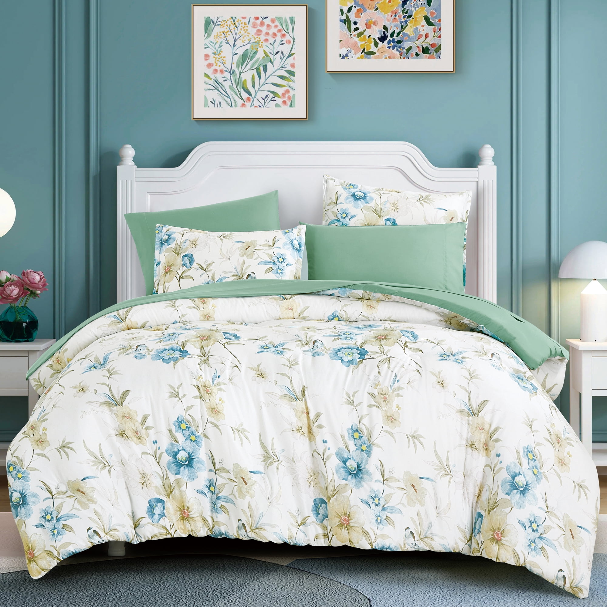 7-Piece Blue & Green Floral Print Bed in a Bag Set, All-in-One Bedding Collection with Comforter & Sheet Set,Twin XL