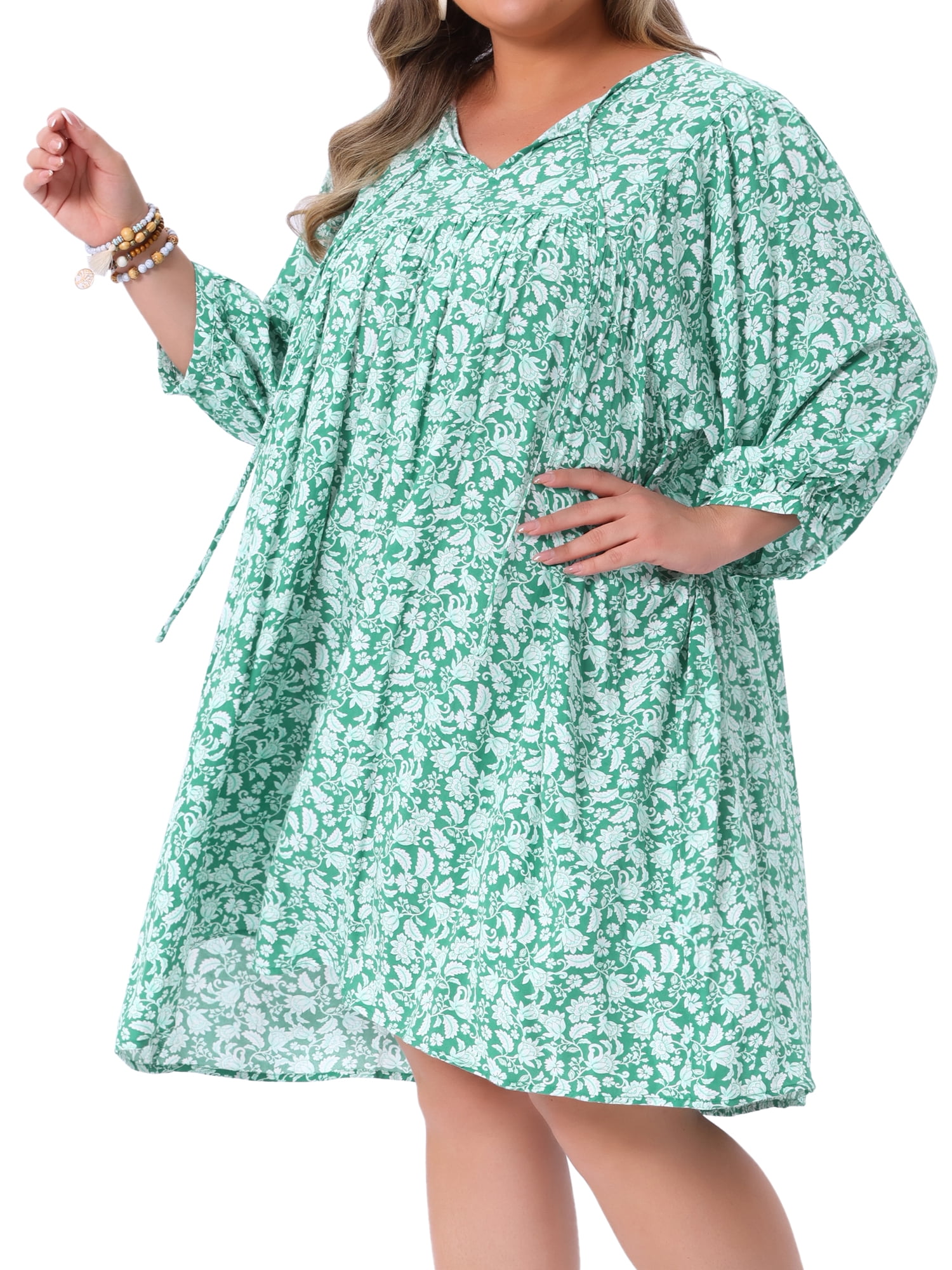 DARING DIVA Women's Plus Size Drawstring V Neck Babydoll Midi Flowy Dress 4X Green