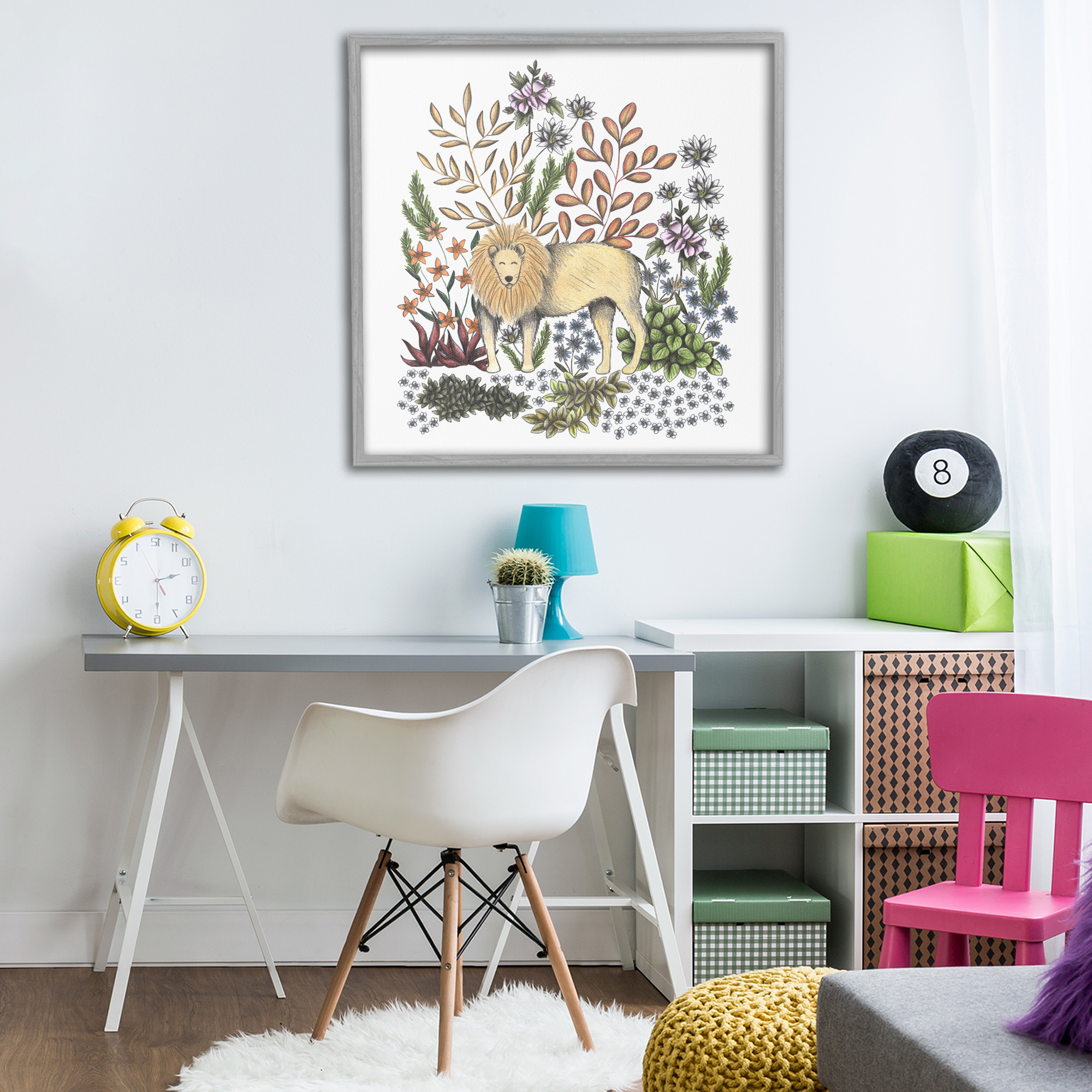 Jungle Wildlife Lion Gray Framed Giclee Art, design by Cecilia Battaini
