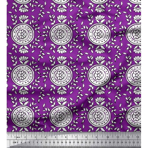 Soimoi Crepe Silk Fabric Leaves & Floral Block Print Fabric by The Yard 42 Inch Wide