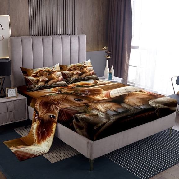 Erosebridal Highland Cow Sheet Set Twin , Western Cowboy Cowgirl Bedding Sets Twin Size, Farmhouse Decorative 3 Pieces
