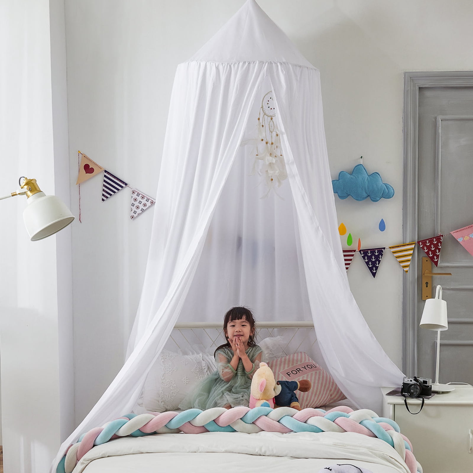 BUTORY Bed Canopy for Kids Soft Breathable Bed Curtain Canopy Round Dome Canopy Bed Cover Decorative Princess Hanging Canopy Oversized Large Curtain Canopy with Hook Adhesive