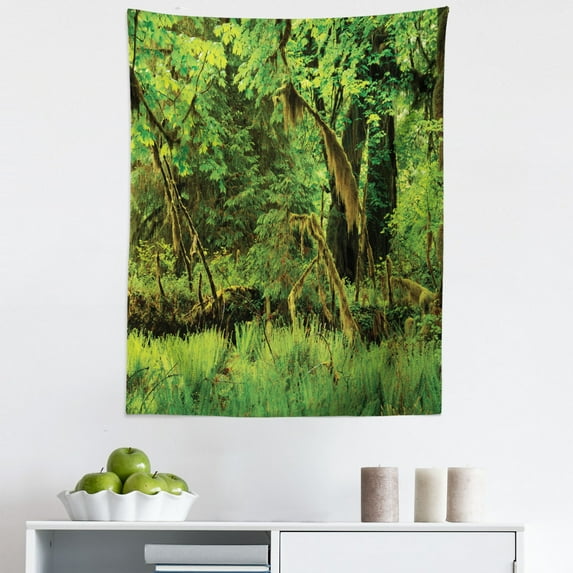Green Tapestry, Trees with Moss Natural Paradise Silence in the Wild Nature Relaxation Illustration, Fabric Wall Hanging Decor for Bedroom Living Room Dorm, 5 Sizes, Green, by Ambesonne