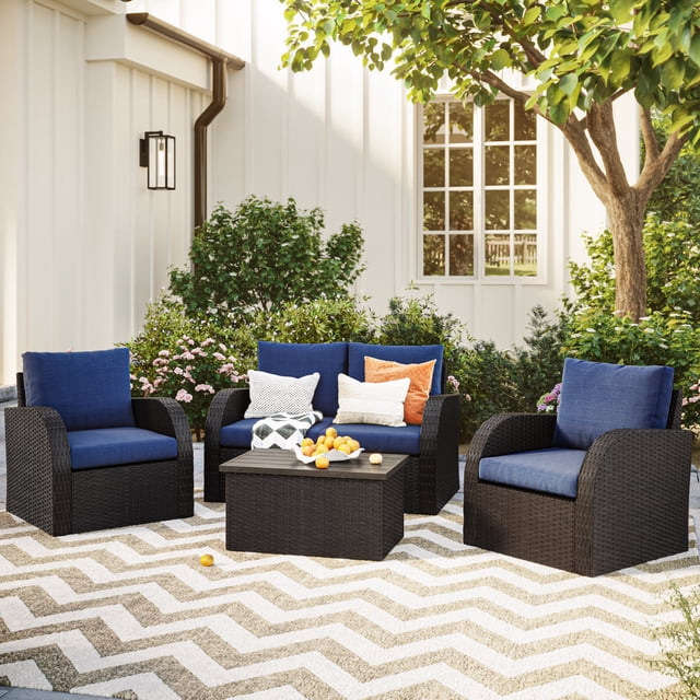 CorLiving Brisbane 5Pc Resin Wicker and Steel Outdoor Conversation Set with 2 Arm Chairs, Loveseat and Glass Topped Coffee Table, Charcoal/Navy Blue