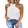 thumbnail image 1 of Femmes Été Hauts Licol Cou Sans Manches Unis T-Shirts Chemisiers Décontractés Lâches, 1 of 2