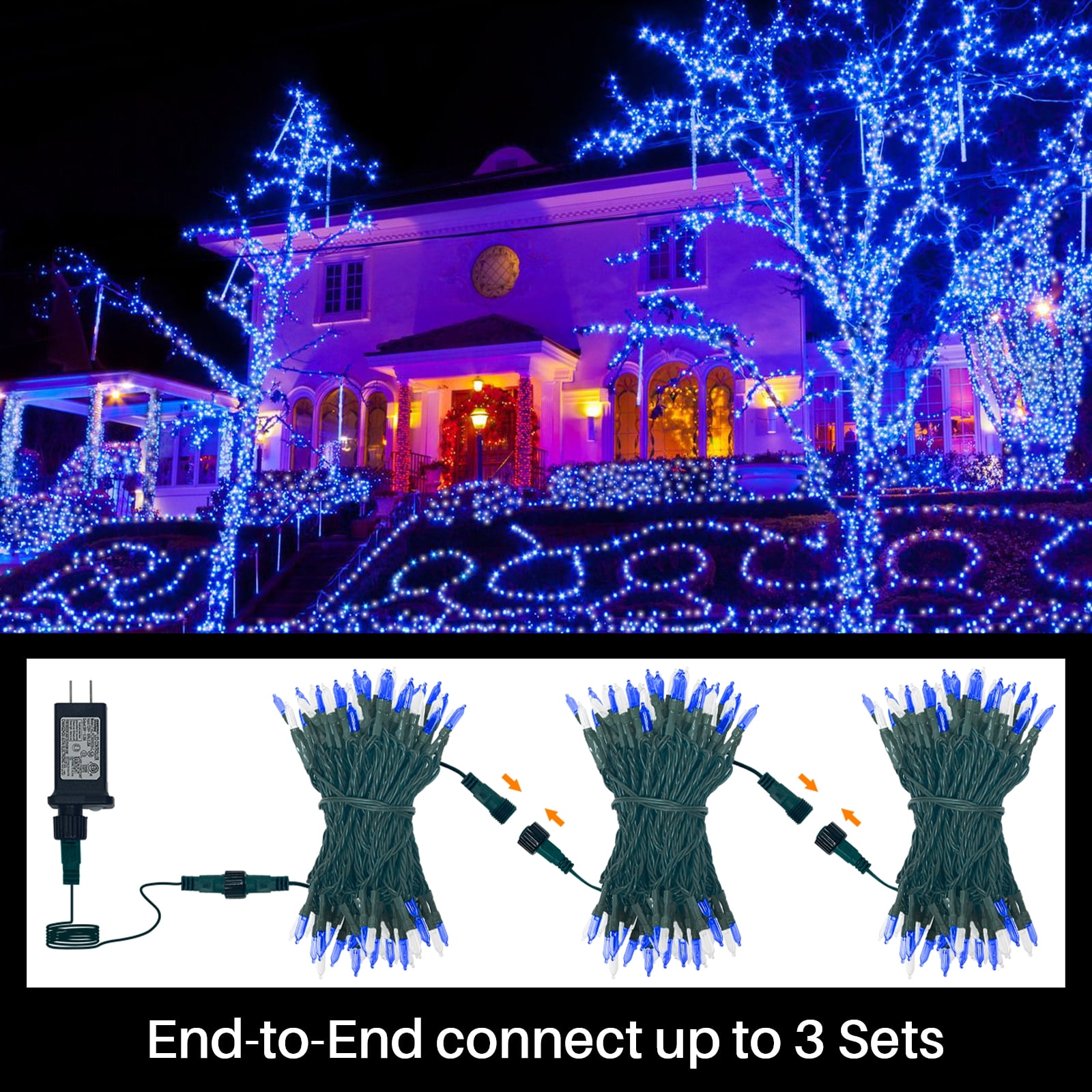 2 Pack Blue White Christmas Mini Lights, 32.5FT 100 LED Clear Bulbs String Lights with 16 Light Modes, Fairy Lights Plug in for Outdoor Xmas Trees Garland Wreath Holiday Decorations