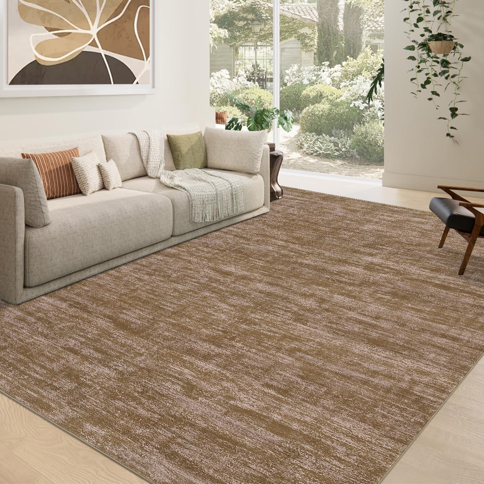 FairOnly 8'x10'Modern Abstract Non Slip Non Shedding Area Rug Solid Texture Machine Washable Rug for Living Room Bedroom Dining Room，Camel