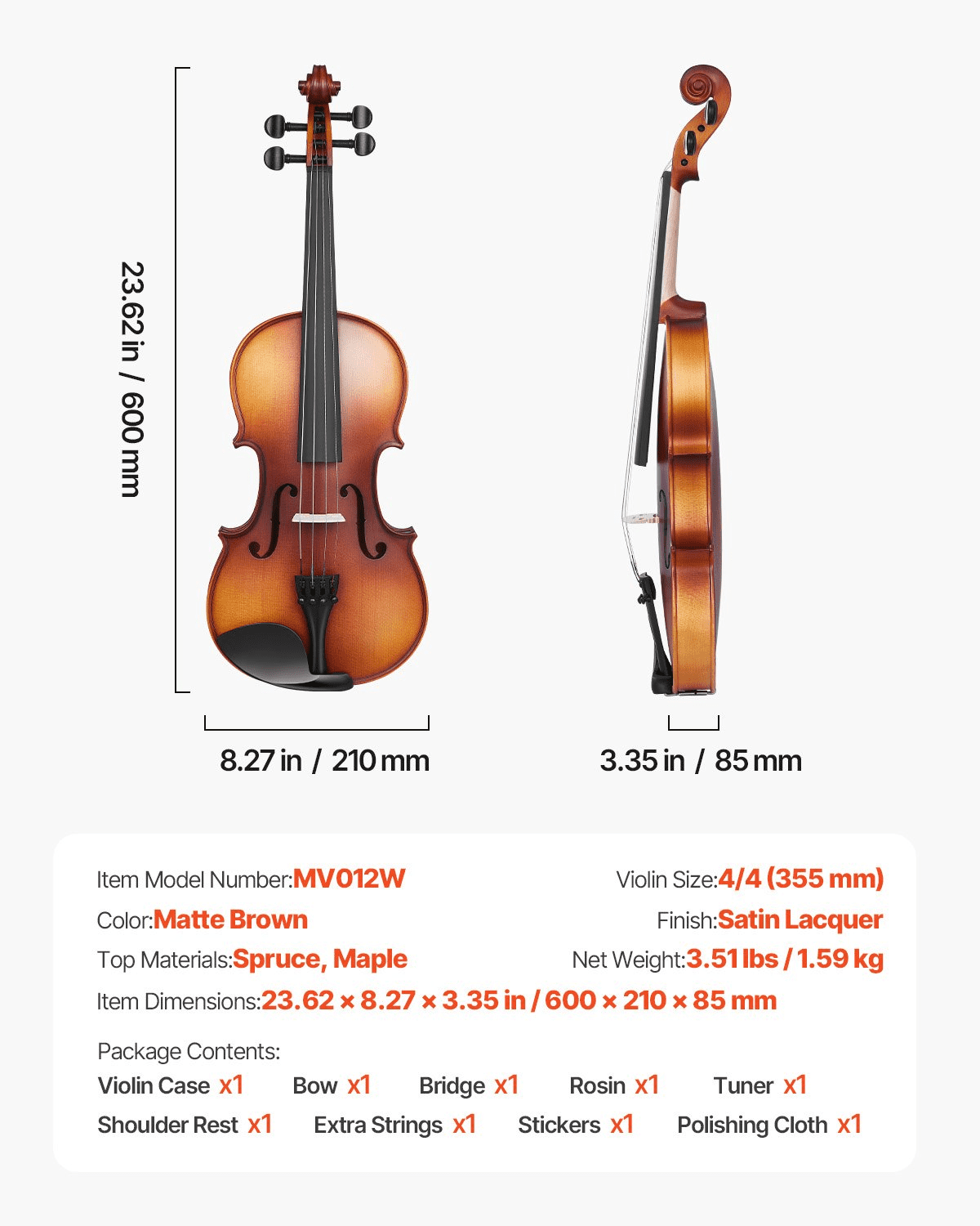 Violin 4/4 Full Size Fiddle Set Solidwood for Beginners Matte Brown