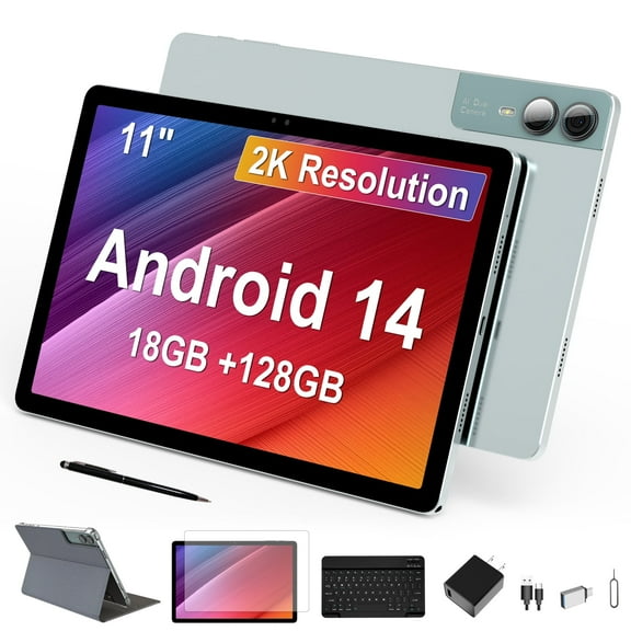 11 inch Tablet with Keyboard Android 14 2000*1200 2K Display Tablets PC, T616 Octa-Core 2.0GHz, 18GB RAM 128GB ROM 1TB Expandable, 5M 5M 13MP AI Camera, 9000mAh Battery, WiFi, Bluetooth, GPS