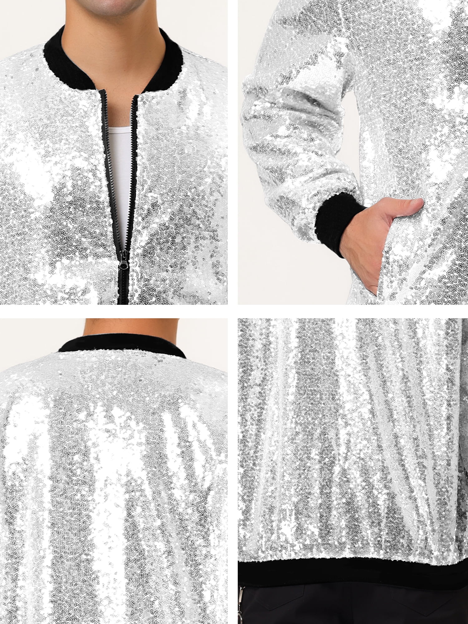 Unique Bargains Men's Long Sleeves Sequin Varsity Zipper Bomber Jacket L Silver