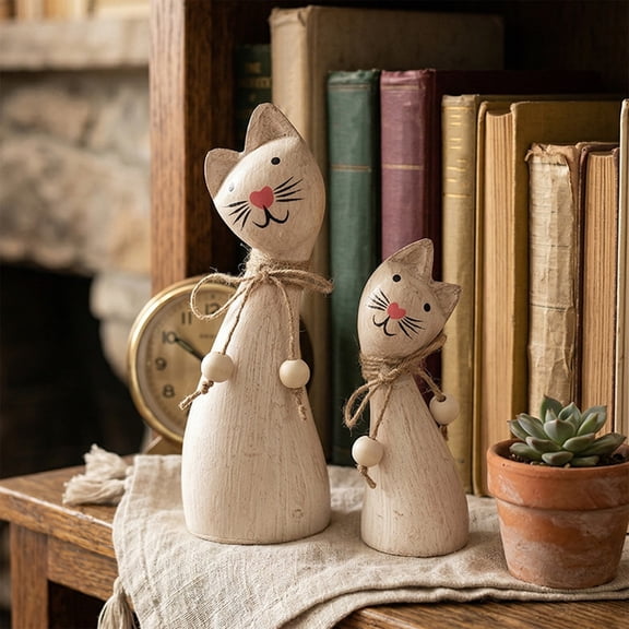 MMJ Set of 2 Vintage Wood Look Cat Couple Figurines Distressed Handcrafted Rustic Farmhouse Home Shelf Mantel Decor Ornament Collectible Gift 1 Set